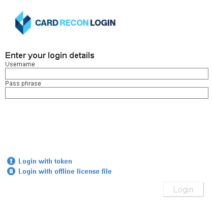 Enter your user name and pass phrase in the Card Recon login window.