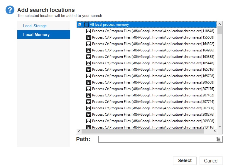 Manage processes to scan from the "Local Memory" tab in the "Add search locations" dialog box.