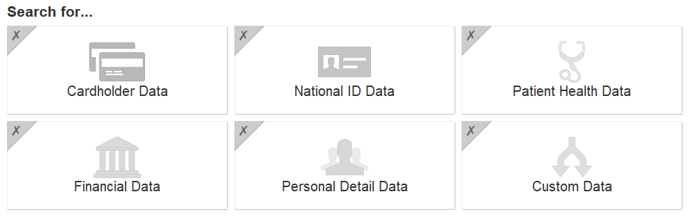 Data Recon dashboard displaying different data types such as cardholder data, national ID data and patient health data.