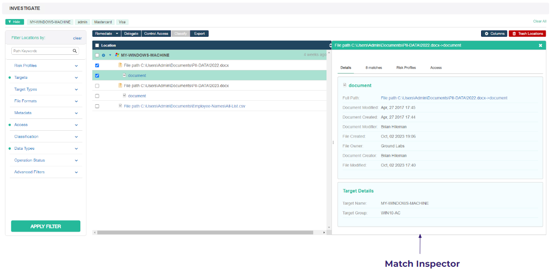 Components in the Investigate page with Match Inspector.