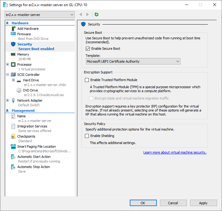 Secure Boot option for Enterprise Recon Virtual Machine in Hyper-V Manager.
