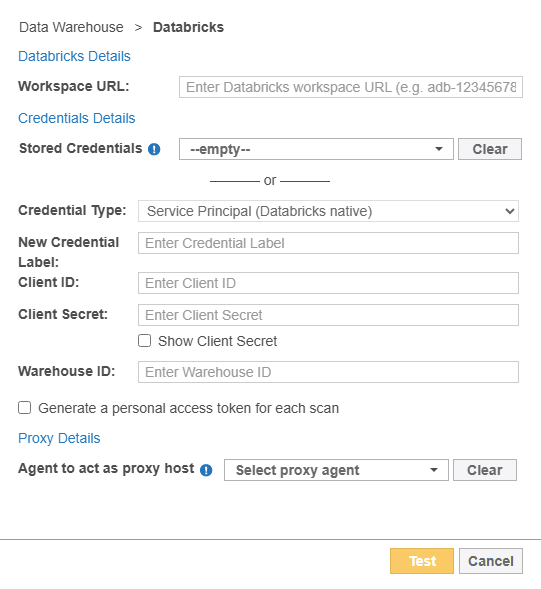 Dialog box to configure the path, credentials and proxy agent for Databricks Targets.