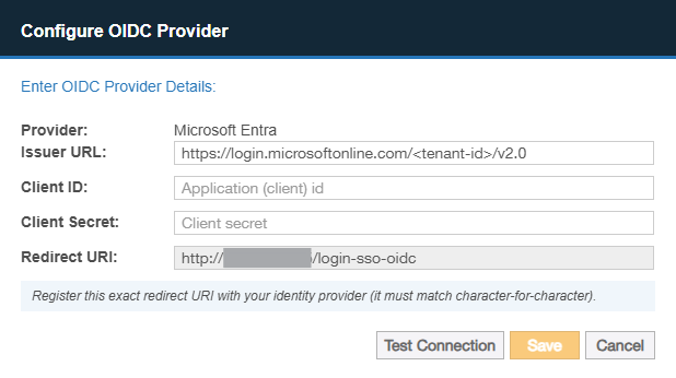 Dialog box to configure the OIDC provider.