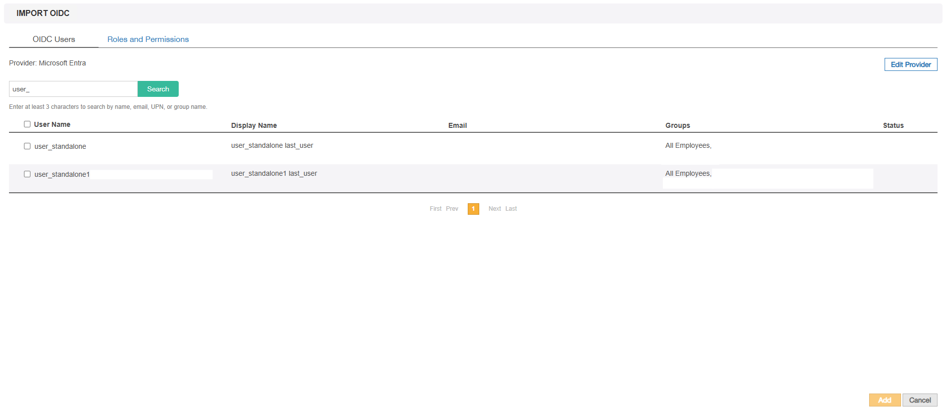 Window to import users from OIDC.