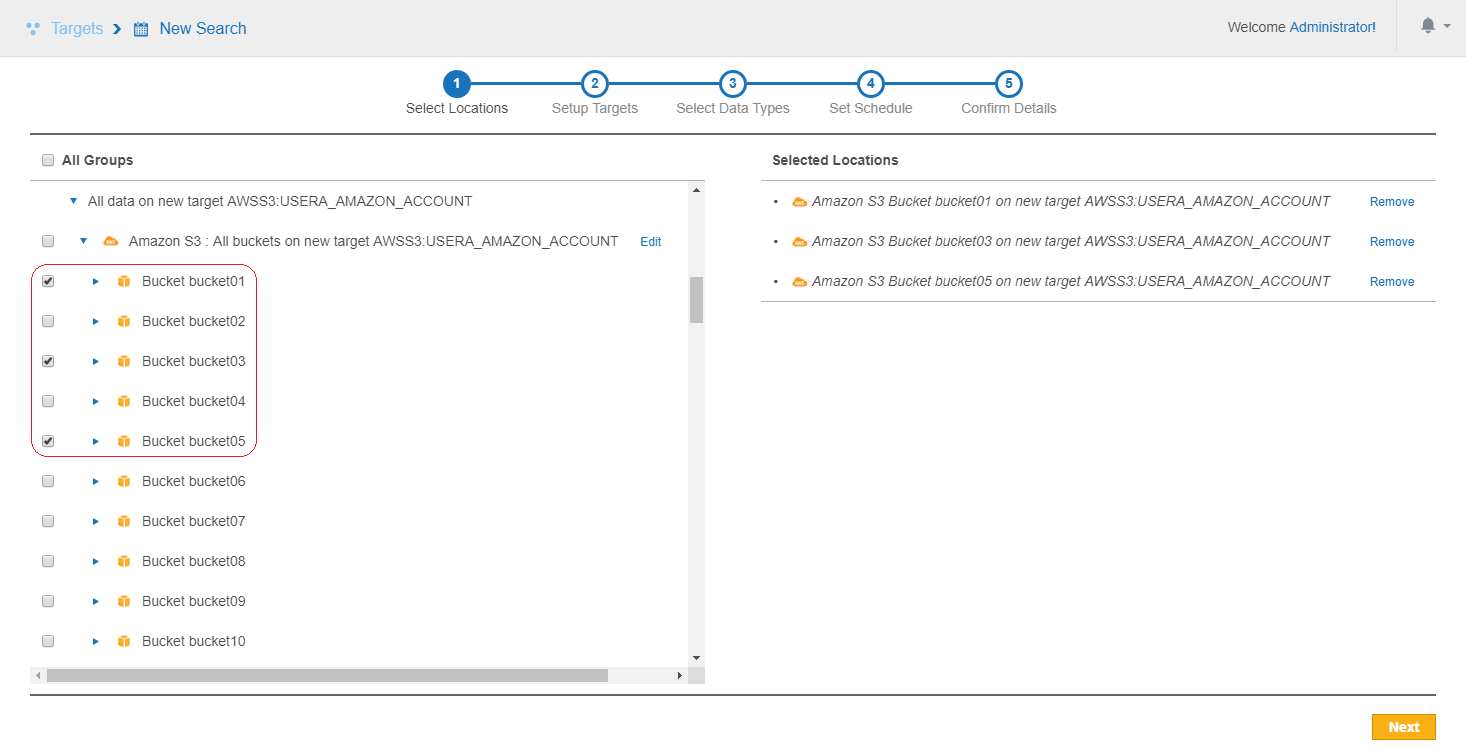 New Search page with "Amazon S3: All buckets on new target AWSS3:USERA_AMAZON_ACCOUNT" selected as scan locations.