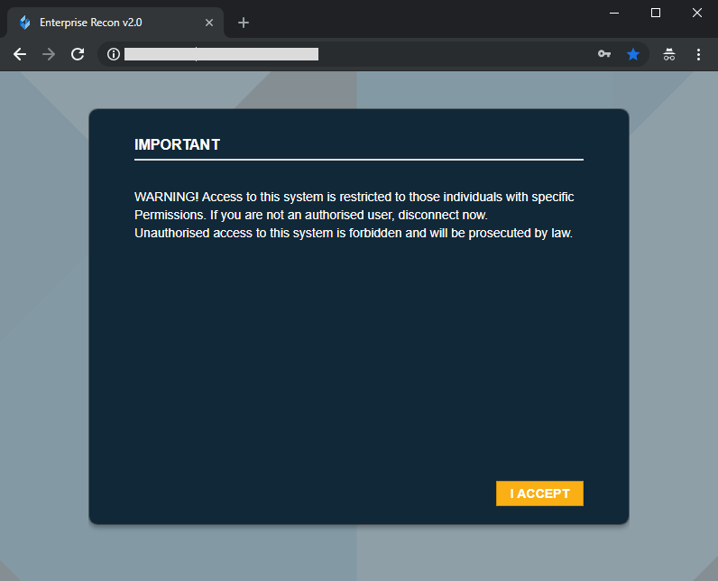 Example of a Legal Warning Banner when logging into the Enterprise Recon 2.0 web console.