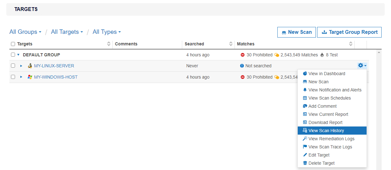 View or save the Scan History for a selected Target in the Targets page.