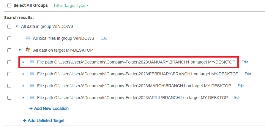 Probe Target to expand and view available locations in Enterprise Recon 2.13.0.