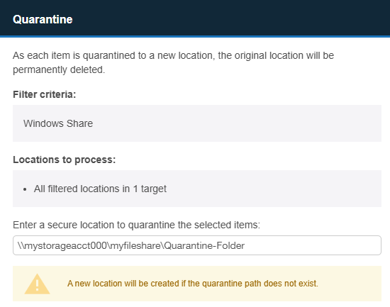 Remediation dialog for Azure file share in Investigate page.