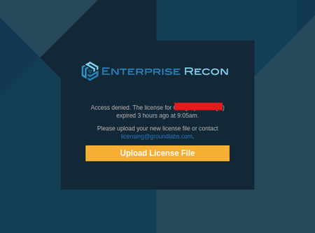 Enterprise Recon License Upload Page for Expired License.