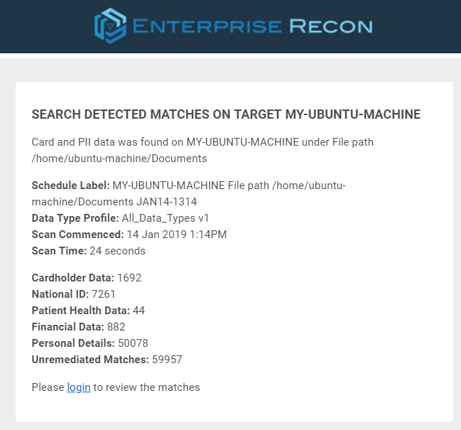 Email notification Email notification annotating search detected matches on Target "MY-UBUNTU-MACHINE".