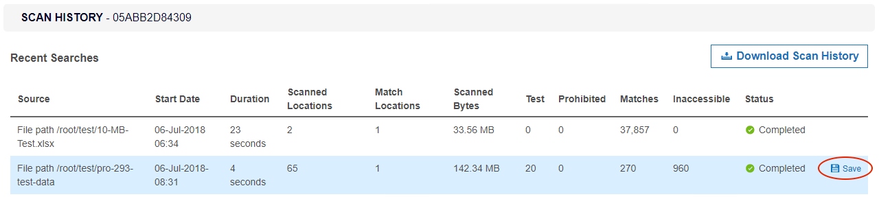 Save button for isolated reports Save button to download a report for a single scan from the Scan History page.