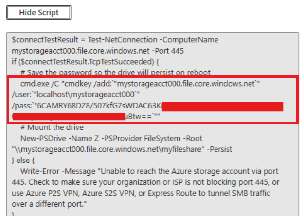 Azure Files powershell script Example of Powershell script with the parameters required for Azure file share credentials.