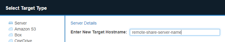 Server Details dialog box Example of Server Details dialog box with Windows Share Target host name set to "remote-share-server-name".