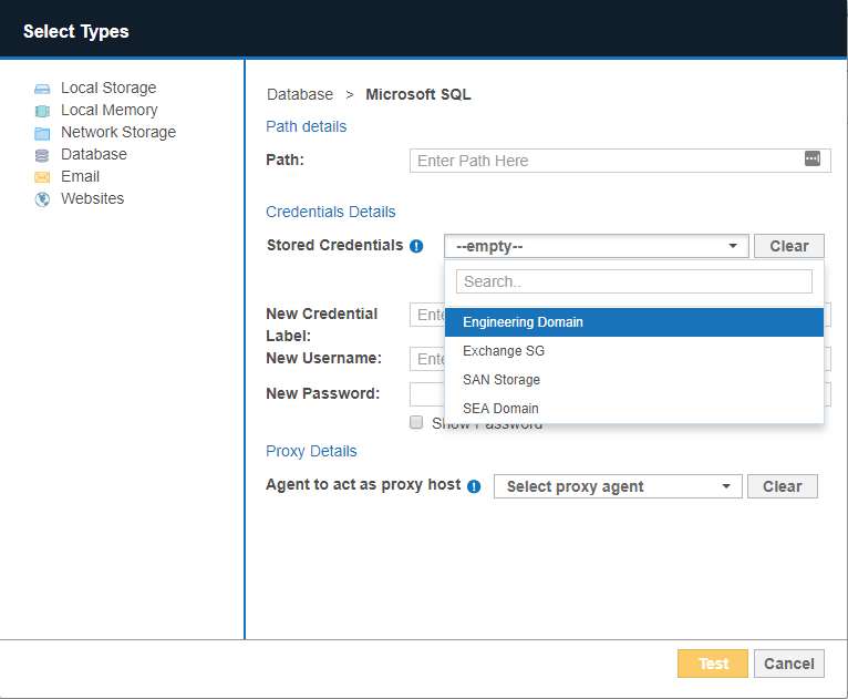 Stored Credentials in Microsoft SQL dialog box List of credentials that a user has permissions to listed in the Store Credentials dropdown box.