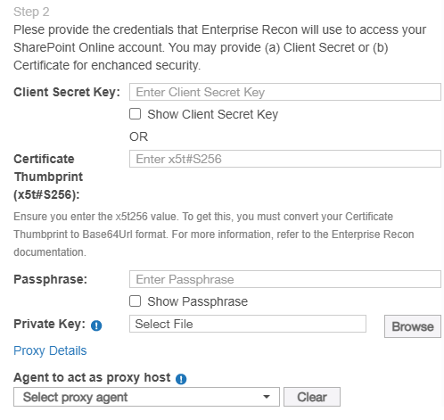 Dialog box to configure the path, credentials, and proxy agent for a SharePoint Online Target