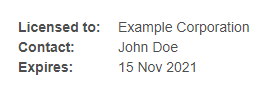 License Information Licensee and expiry date information in the License Details page.