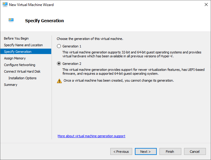 Selecting machine generation for Hyper-V Select Generation 2 for the Enterprise Recon Virtual Machine in Hyper-V Manager.