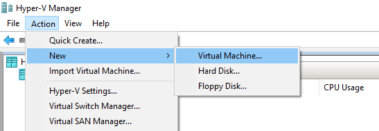 Create a new virtual machine in the Hyper-V Manager Go to Action > New and click on "Virtual Machine..." to create a new virtual machine in the Hyper-V Manager.
