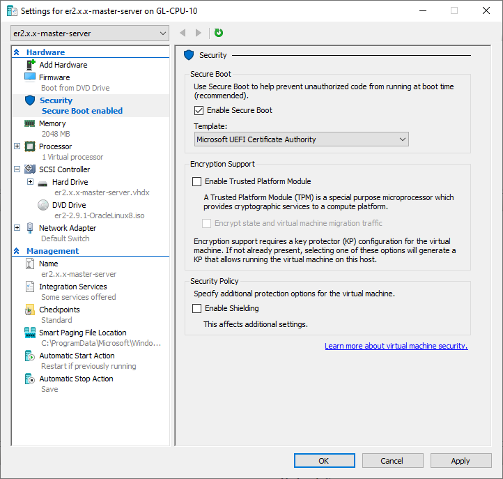 Selecting secure boot option for Hyper-V Secure Boot option for Enterprise Recon Virtual Machine in Hyper-V Manager.