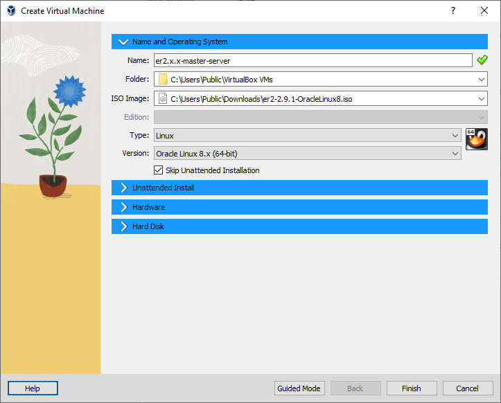 Oracle VM VirtualBox Manager New VM New virtual machine settings.