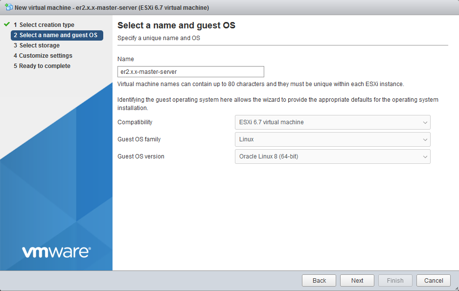 VMware vSphere Client select name and guest OS Select name and guest OS for VMware VM.