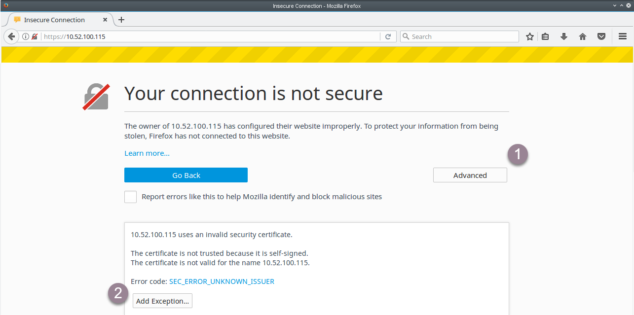 Add security exception for the Master Server Click Add Exception to add the Master Server as a security exception in Firefox web browser.