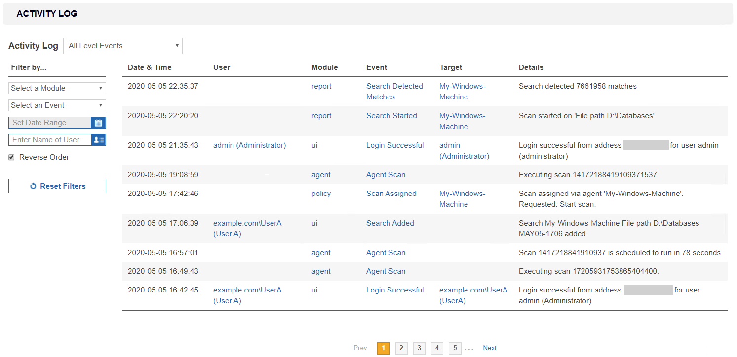Activity Log page Details of events including date and time, user and module recorded in the Activity Log.