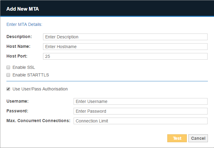 Add New MTA dialog box Dialog box to configure the host name, port and other settings to add a new MTA.
