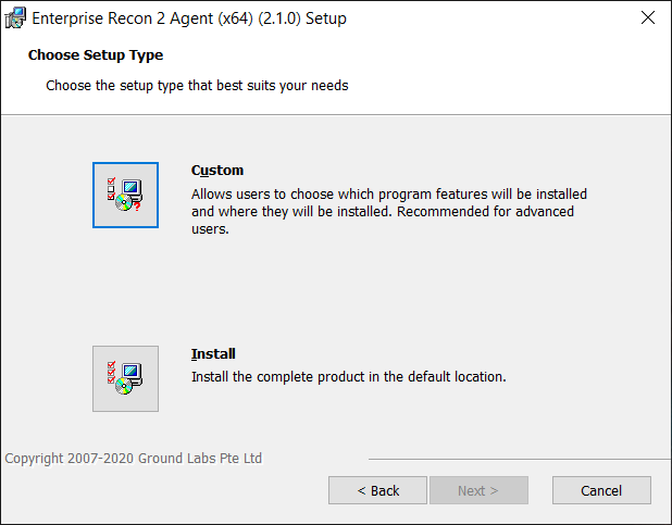 Choose Setup Type dialog box Choose Setup Type dialog box for Windows Node Agent installation.
