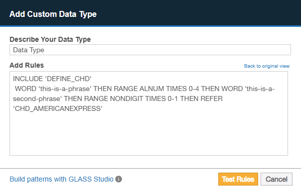 Expression Editor dialog box for adding a custom data type Example of a written search expression in the expression editor dialog box.