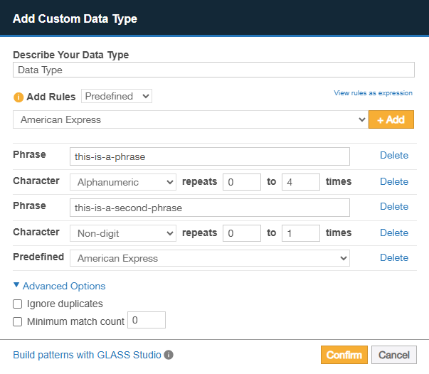 Visual Editor dialog box for adding a custom data type Add Custom Data Type visual editor dialog box.