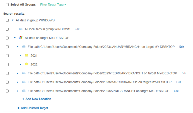 Select Target locations to scan in Enterprise Recon 2.15.0.