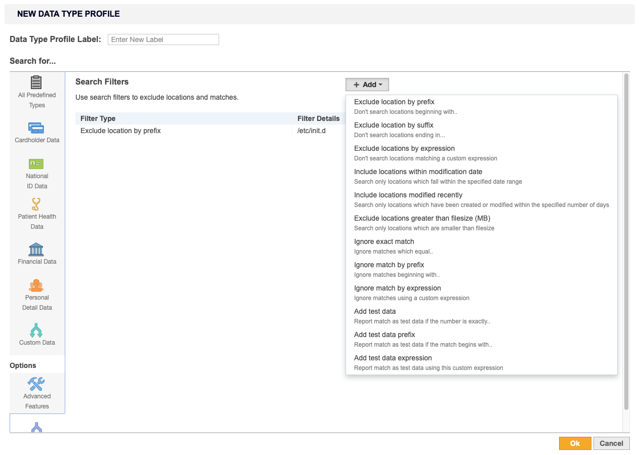 Filter Rules page Add search filters to the new data type profile.