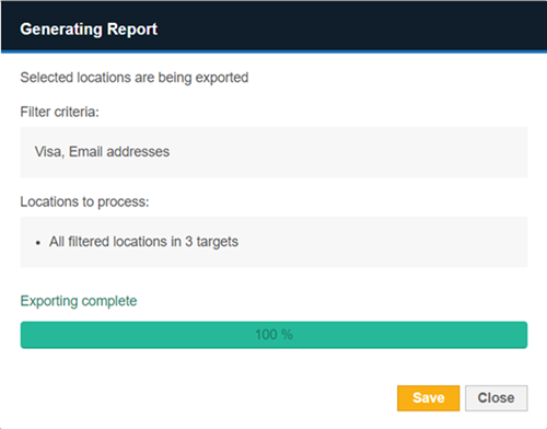 Generating Report dialog box Generating Report dialog box displaying the Targets and match locations included in the Match Report.