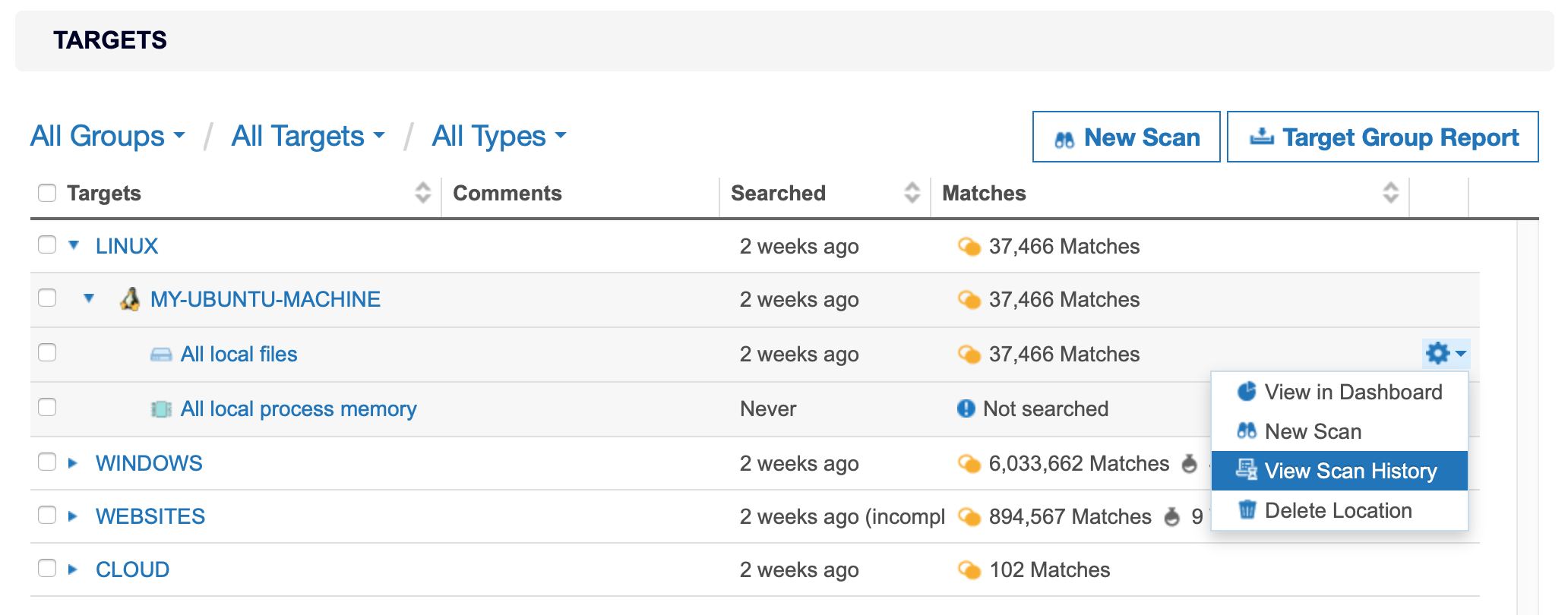View Scan History option for Target location View Scan History option in dropdown box for a selected Target location.