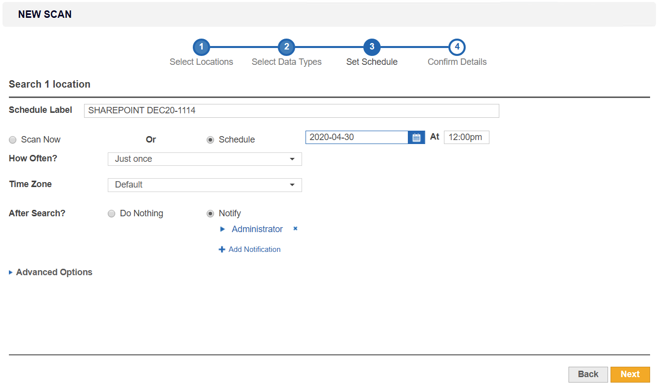 Set Schedule page Enterprise Recon 2.4 Set Schedule page to configure scan parameters.
