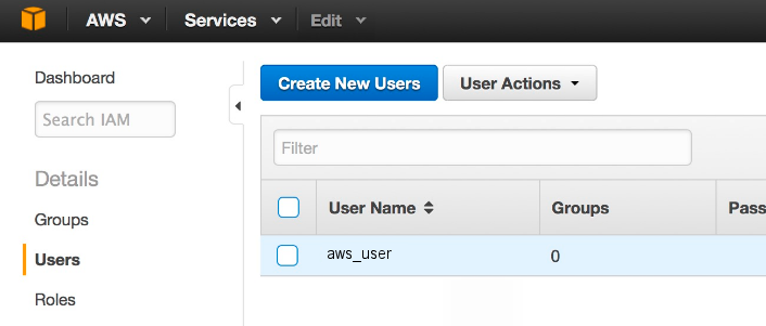 Users page in AWS IAM console Select an IAM user in the AWS IAM console with access to the Amazon S3 Buckets to scan.