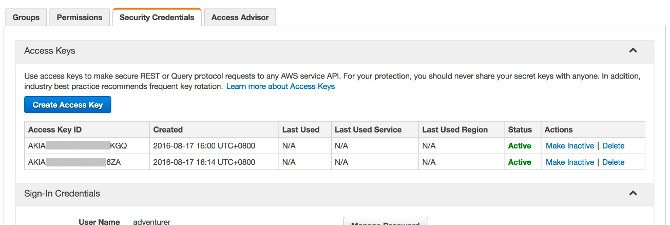 Access keys in AWS IAM console Security Credentials tab in AWS IAM console displaying a user's existing access keys.