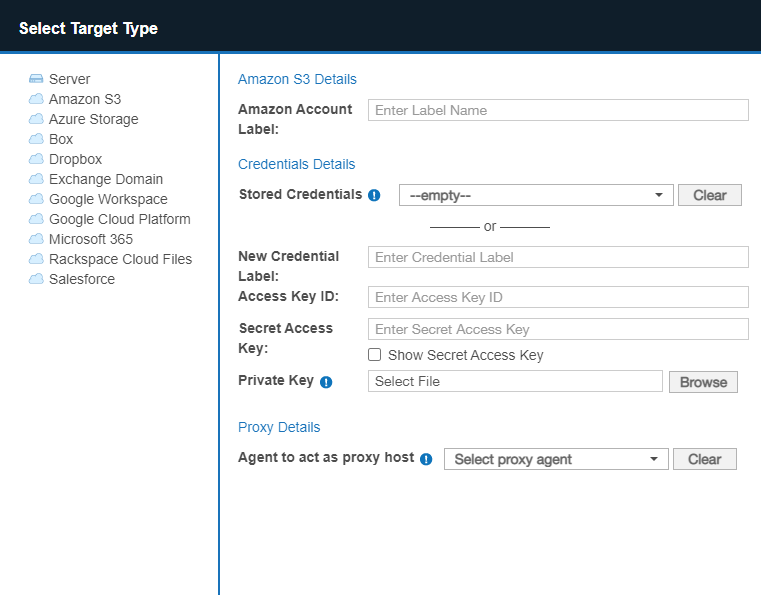 Amazon S3 dialog box Example of Amazon S3 dialog box with the Amazon Account Label set to "UserA_Amazon_Account" and credential details filled.