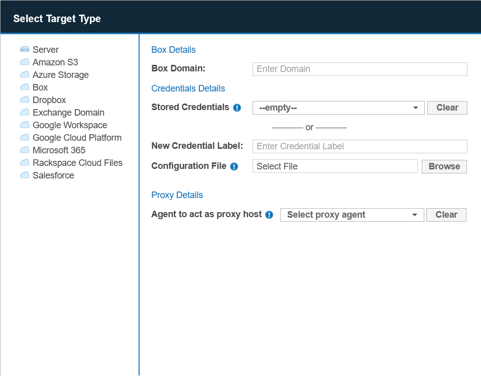 Box dialog box Example of Box dialog box to configure the path, credentials and proxy agent for a Box Target