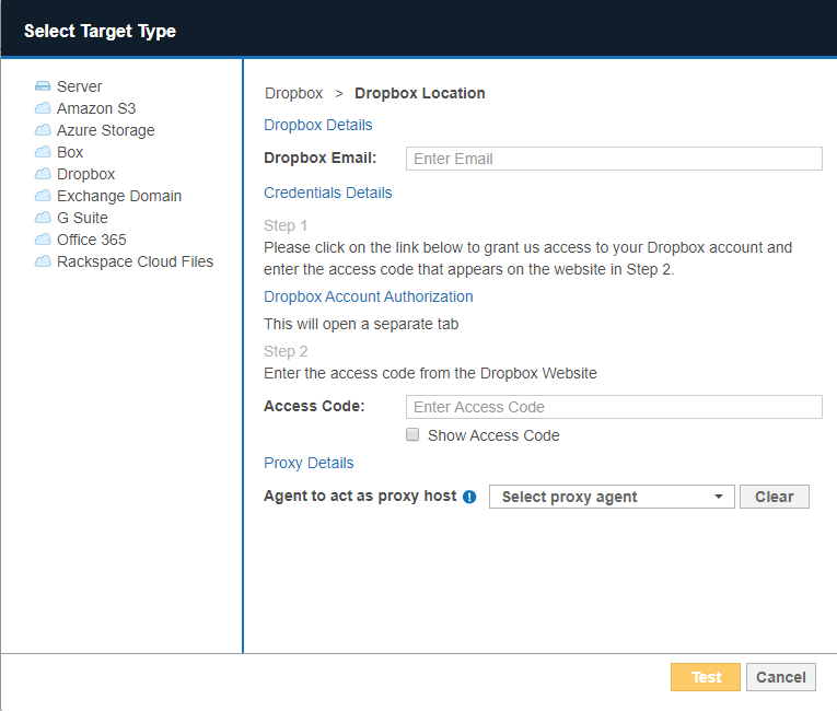 Dropbox Details dialog box Example of Dropbox Details dialog box with access code filled and proxy agent "TREETRUNKS" selected.