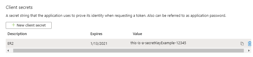 AzureApp Portal Client Secrets page Newly created Client Secret key for the Enterprise Recon app.
