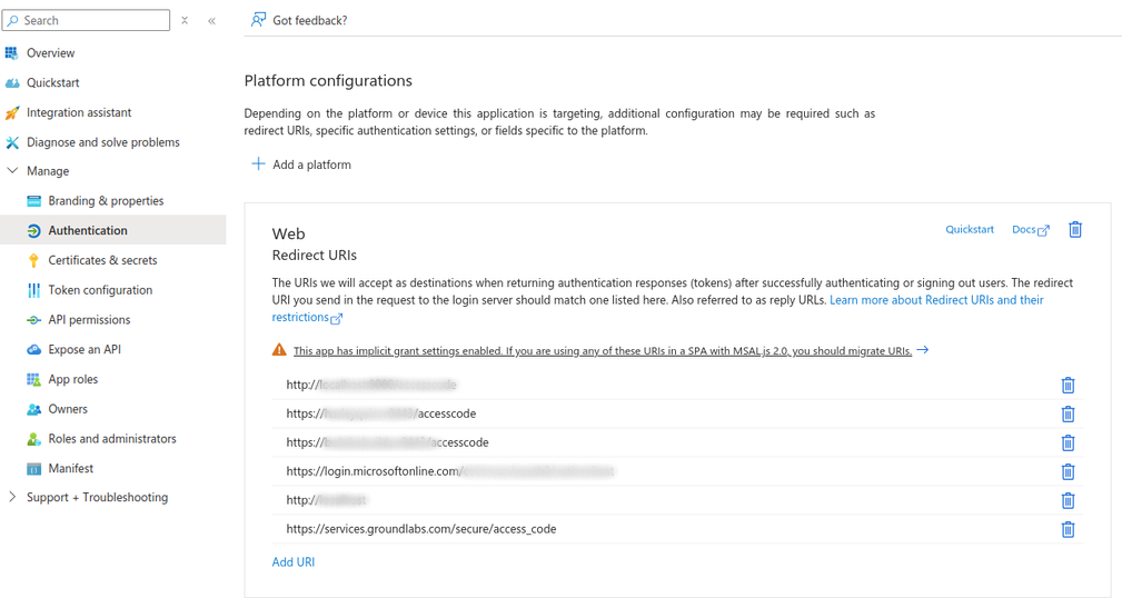 AzureApp Portal Redirect URI page Added Redirect URI for the Enterprise Recon app.