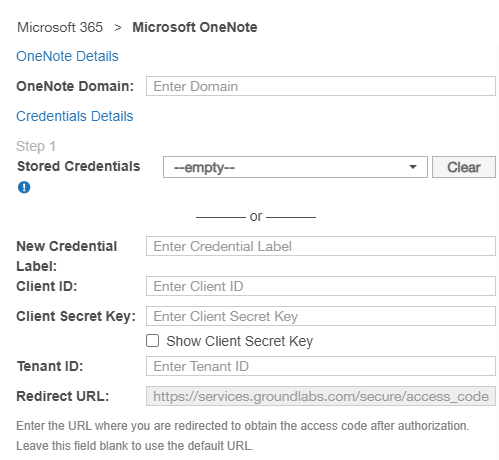 Microsoft OneNote dialog box Dialog box to configure the path, credentials and proxy agent for Microsoft OneNote Targets.