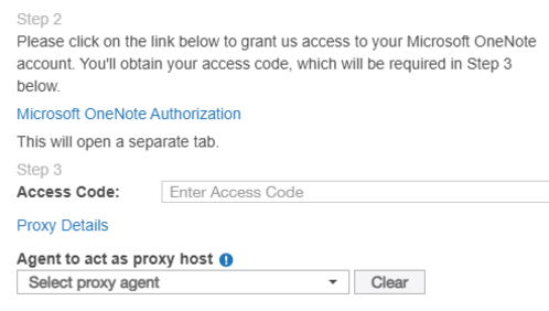 Microsoft OneNote dialog box Dialog box to configure the path, credentials and proxy agent for Microsoft OneNote Targets.