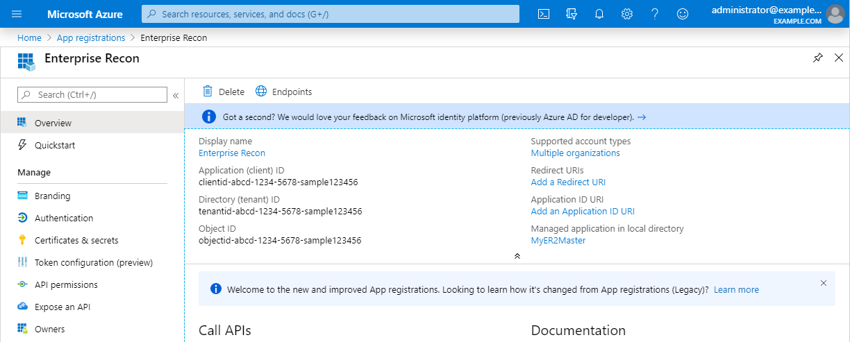 Enterprise Recon app Overview Enterprise Recon app Overview in the Microsoft Azure app registration portal.