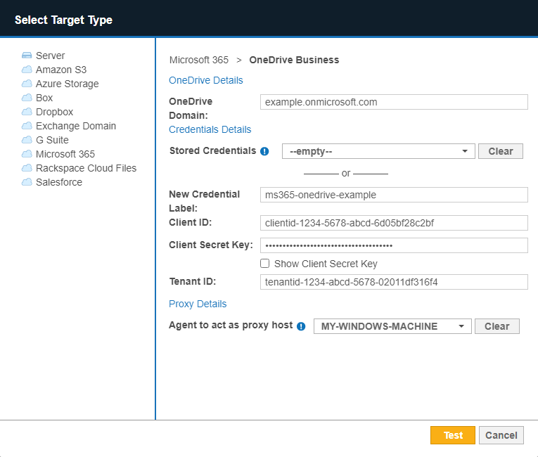 OneDrive Business dialog box Dialog box to configure the path, credentials and proxy agent for OneDrive Business Targets.