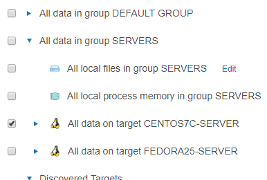 Select Target in Select Locations page List of Targets in Select Locations page with "All data on target CENTOS7C-SERVER" selected.