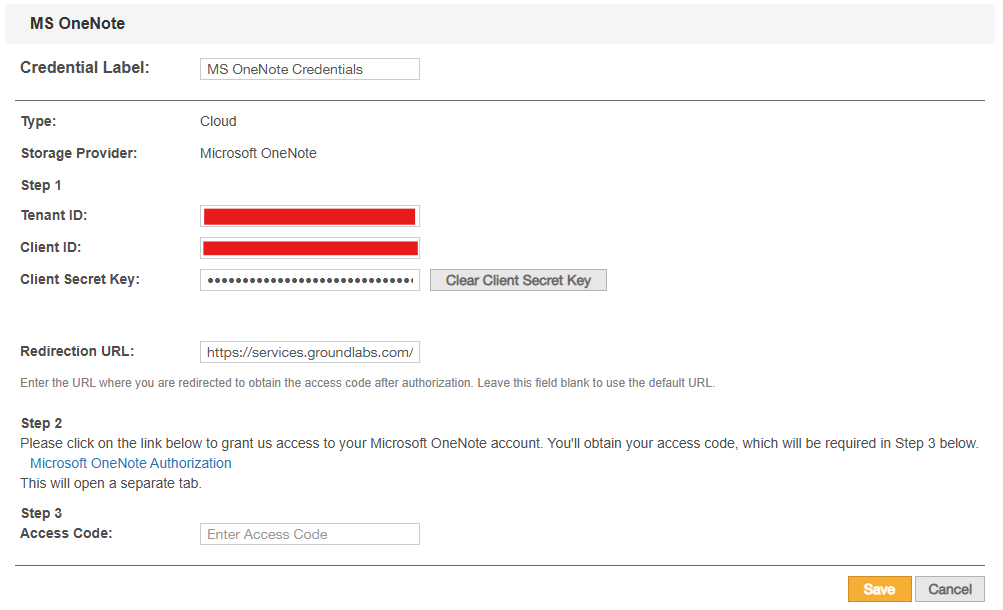 Microsoft OneNote credential editor Example of a Microsoft OneNote credential set in "Edit" view.